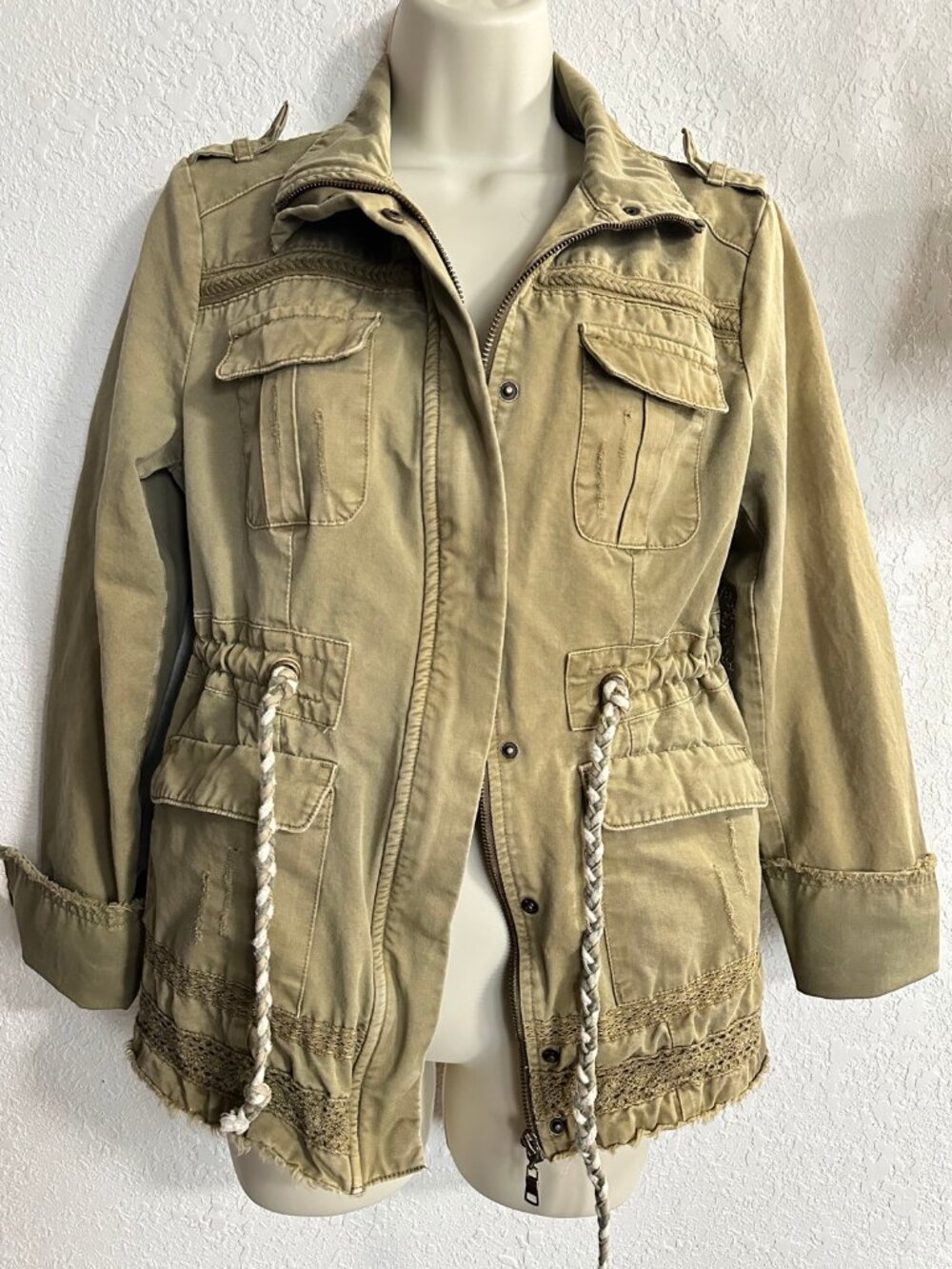BKE Outerwear Olive Green Drawstring Utility Jacket w/ Lace Trim | Women's S